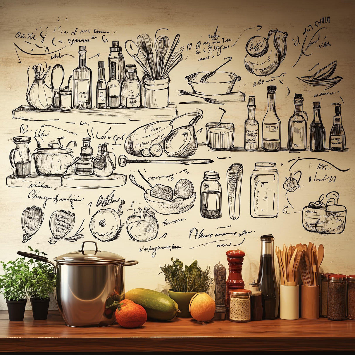 Black Kitchen Illustration Wall Sticker - Transparent Vinyl Wallpaper | Eco-Friendly Cooking-Themed Wall Art for Home or Restaurant - Decords