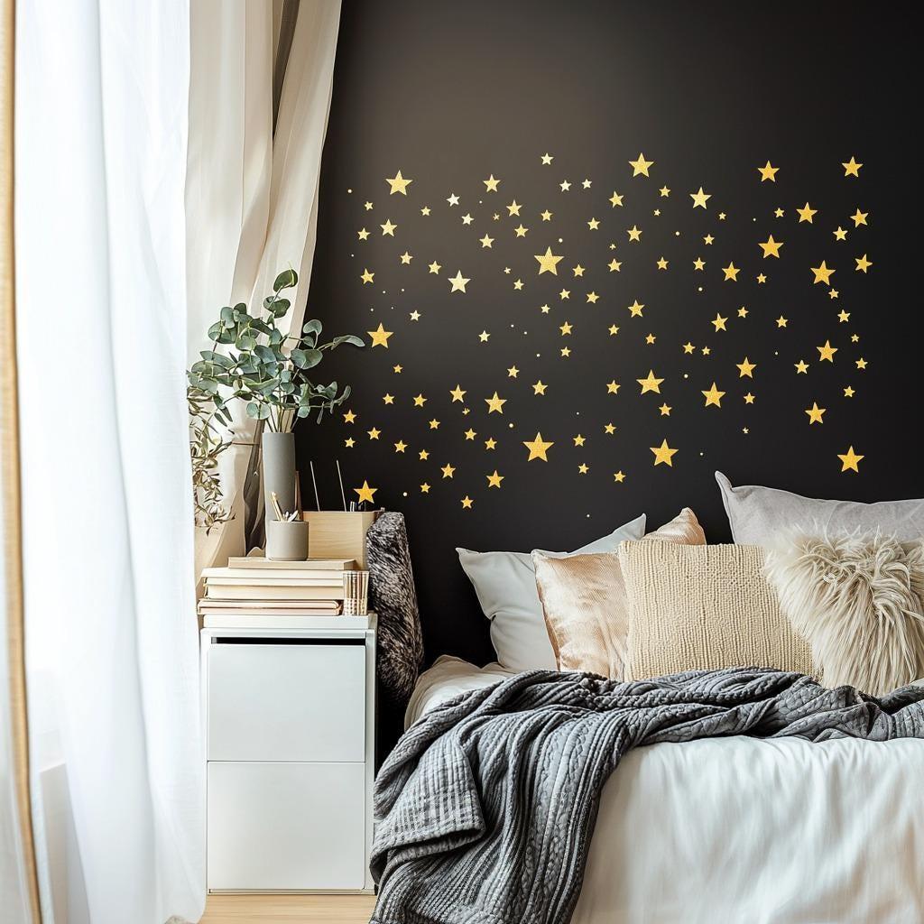 Gold Stars Wall Decals | Sparkles Star Stickers for Bedroom, Nursery, Living Room | Removable Night Sky Wall Art | Modern Celestial Decor - Decords