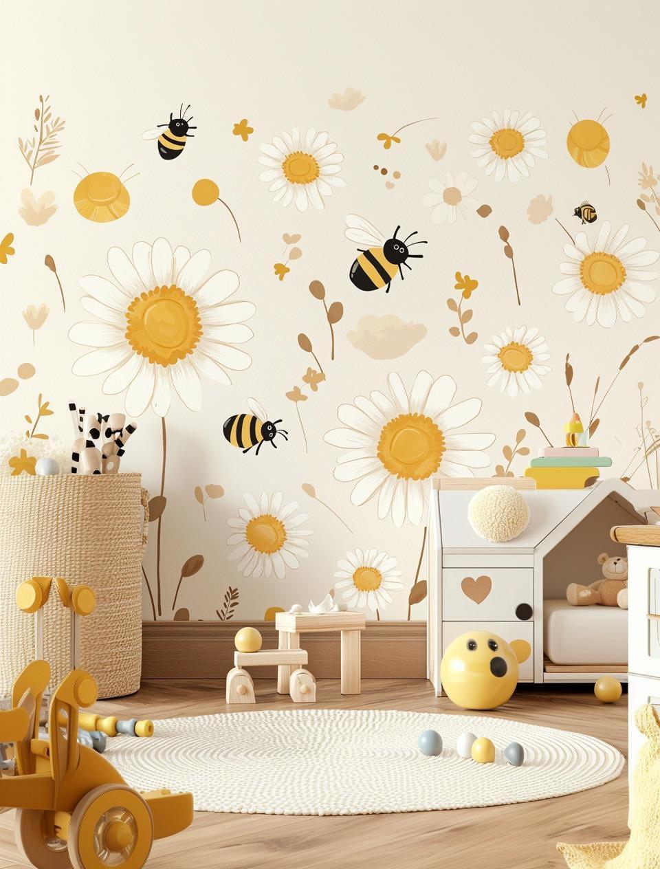 Daisy and Bee Wall Decals | Nursery Wall Stickers | Floral Bee Kids Room Decor | Removable Daisy Wall Art | Nature-Inspired Nursery Decals - Decords