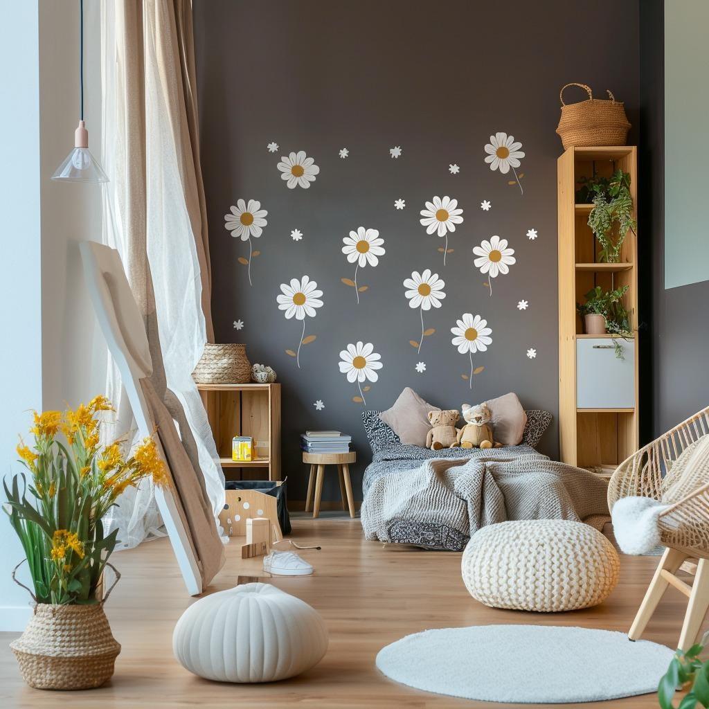 Daisy Flower Wall Decals | Nursery Wall Stickers | Floral Wall Art for Kids Room | Removable Daisy Wall Decor | Boho Flower Wall Stickers - Decords