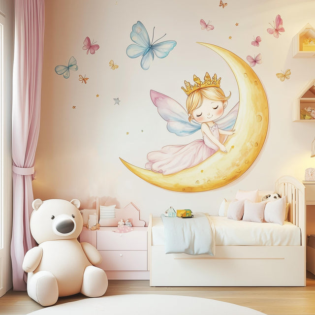 Fairy Princess on the Moon Wall Decal | Pastel Nursery Wall Art | Removable Fairy, Crescent, Butterfly Wall Sticker | Girls Room Decor - Decords