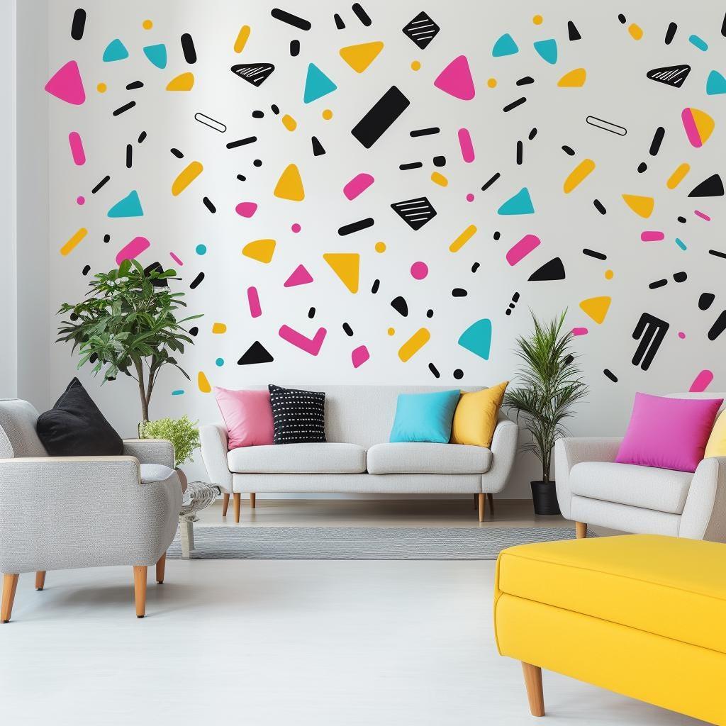 Memphis Pattern Wall Decal | Colorful Geometric Shape Stickers | Removable Modern Art Wall Decor for Living Room, Office, or Kids Room - Decords