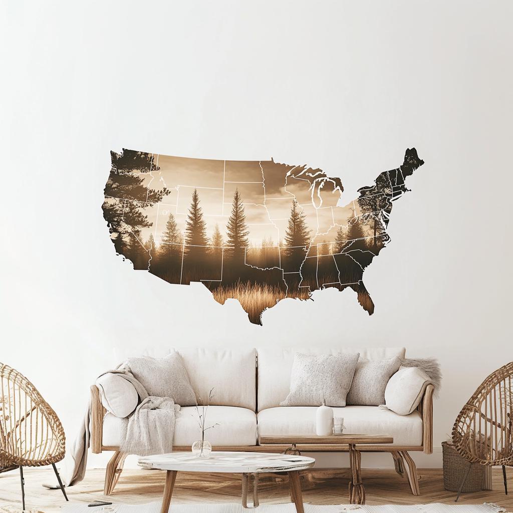 USA Map Wall Decal | Scenic Landscape United States Map Sticker | Removable Wall Art for Living Room, Office, or Travel-Inspired Mural Decor - Decords