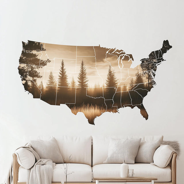 USA Map Wall Decal | Scenic Landscape United States Map Sticker | Removable Wall Art for Living Room, Office, or Travel-Inspired Mural Decor - Decords