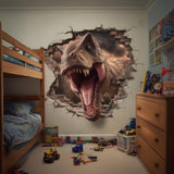 A hyper-realistic wall decal of a roaring T-Rex appearing to smash through a brick wall in a child&#39;s bedroom, surrounded by toys, bunk beds, and colorful decor, creating a dramatic 3D illusion.