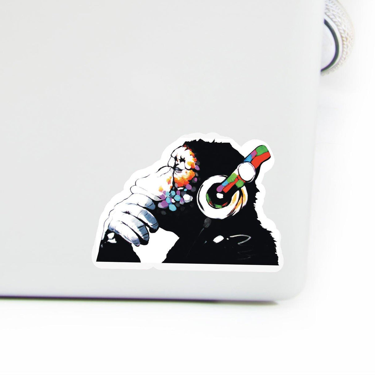 Laptop Vinyl Decal - Music Monkey In Headphones Art Sticker - Cool Banksy Dj Graffiti Border Mural - Thinking Chimp Water Bottle Decals - Decords