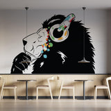 Lion Head Wall Art Sticker - Thinking DJ Lions Headphones Vinyl Decal - Music Graffiti Thinker Mural Face - Funny Large Modern Black Decor - Decords