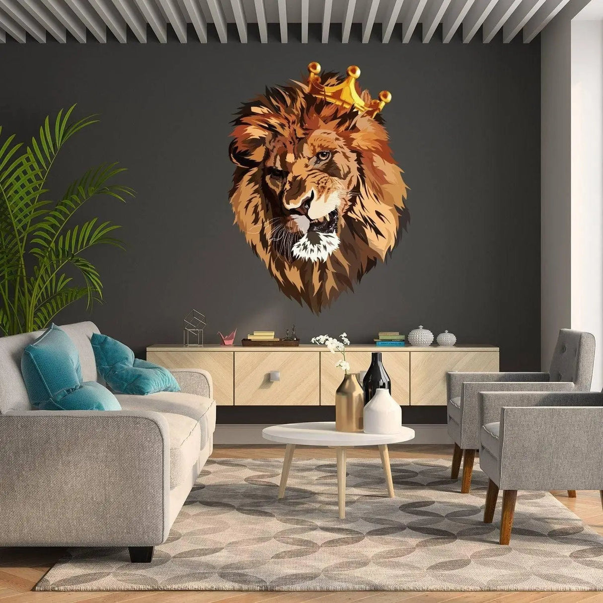 Lion King With Crown Vinyl Wall Sticker - Funny Lions Head Cut Seal Art Decal - Fun Silhouette Theme Wildlife Decoration Decor Print - Decords
