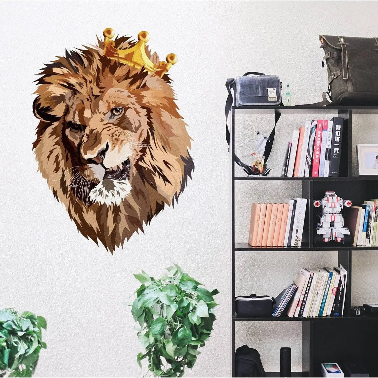 Lion King With Crown Vinyl Wall Sticker - Funny Lions Head Cut Seal Art Decal - Fun Silhouette Theme Wildlife Decoration Decor Print - Decords