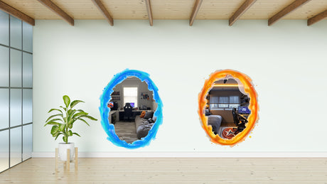 Sinise ja oranži portaali Aura seinakleebised hõbedase kroompeegli efektiga – erksad ovaalsed teleporti kleebised mänguritele ja geekidele mõeldud tubade sisekujunduseks