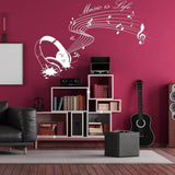 Music Is Life Wall Sticker - Note Quote Gift Decor Art Vinyl Decal - Dj Room Festival Love Event Earphone Saying Sign Stick Mural - Decords