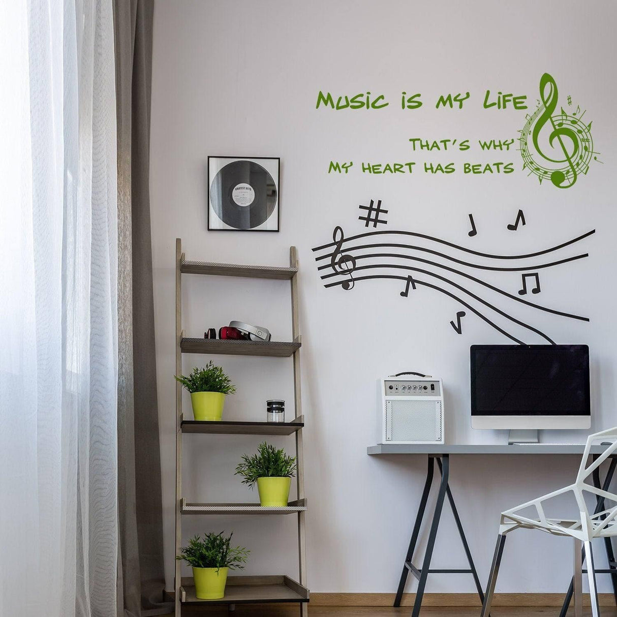 Music Is My Life Wall Sticker - Note Quote Gift Decor Art Vinyl Decal - Dj Room Festival Love Event Earphone Saying Sign Stick Mural - Decords