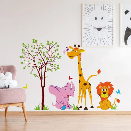 Nursery Animal Wall Decor Vinyl Sticker - Art Jungle Kid Baby Set Cute Decal - African Elephant Giraffe Girl Room Wild Boy Child Mural - Decords
