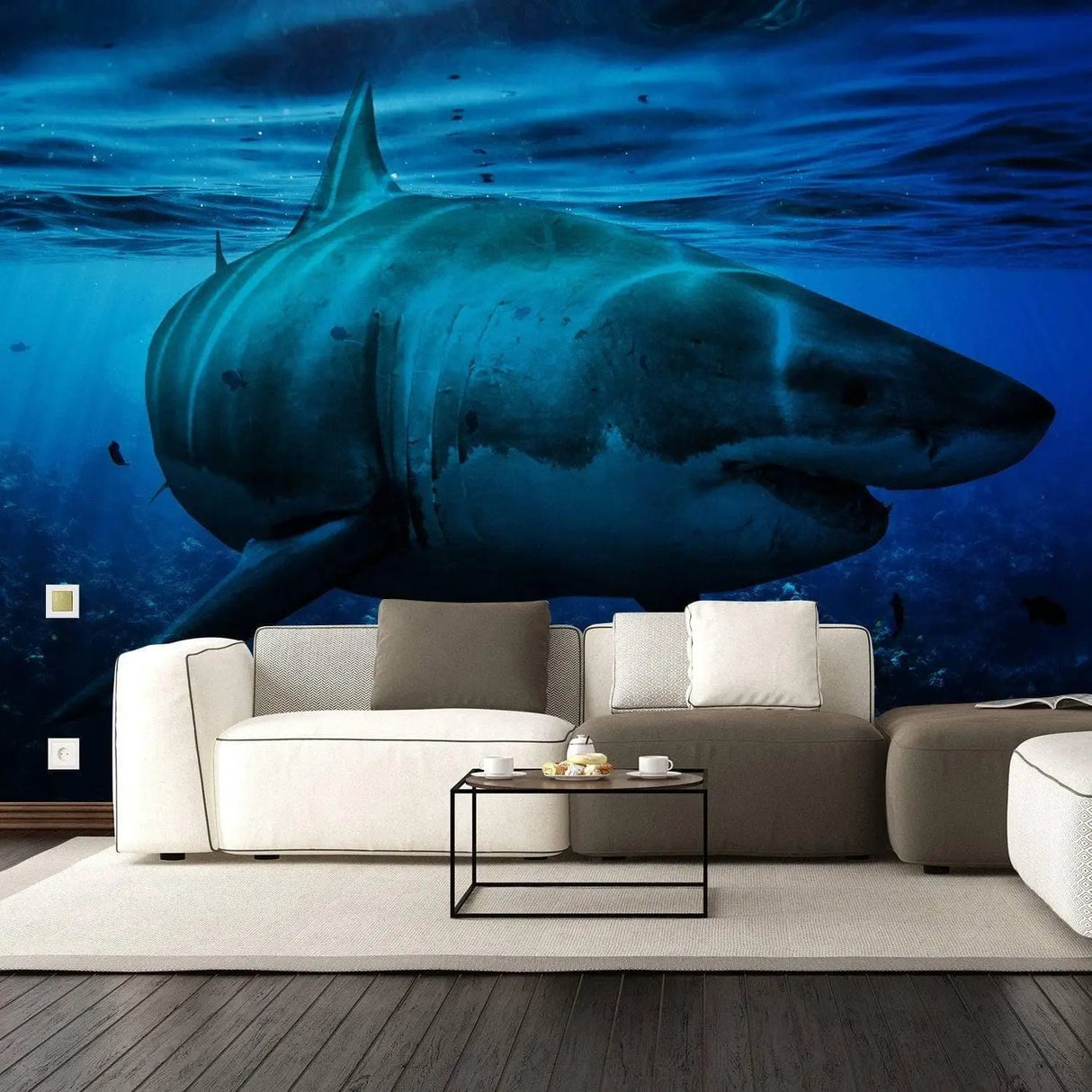Ocean Shark Wallpaper Art Decal - Underwater 3d Decor Wall Paper Removable Sticker - Large Blue Water Photo Sea Boy Room Covering Mural - Decords