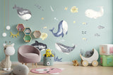 Ocean Whales Wall Sticker For Kids Room Decor - The Under Sea Life Baby Boy Nursery Decal - Fish Theme Classroom Peel And Stick Decoration - Decords