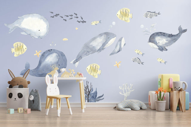 Ocean Whales Wall Sticker For Kids Room Decor - Fish Theme Baby Boy Nursery Decal - The Under Sea Life Classroom Peel And Stick Decoration - Decords