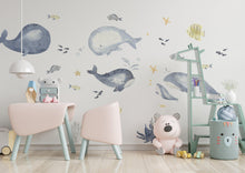 Load image into Gallery viewer, Ocean Whales Wall Sticker For Kids Room Decor - Fish Theme Baby Boy Nursery Decal - The Under Sea Life Classroom Peel And Stick Decoration - Decords

