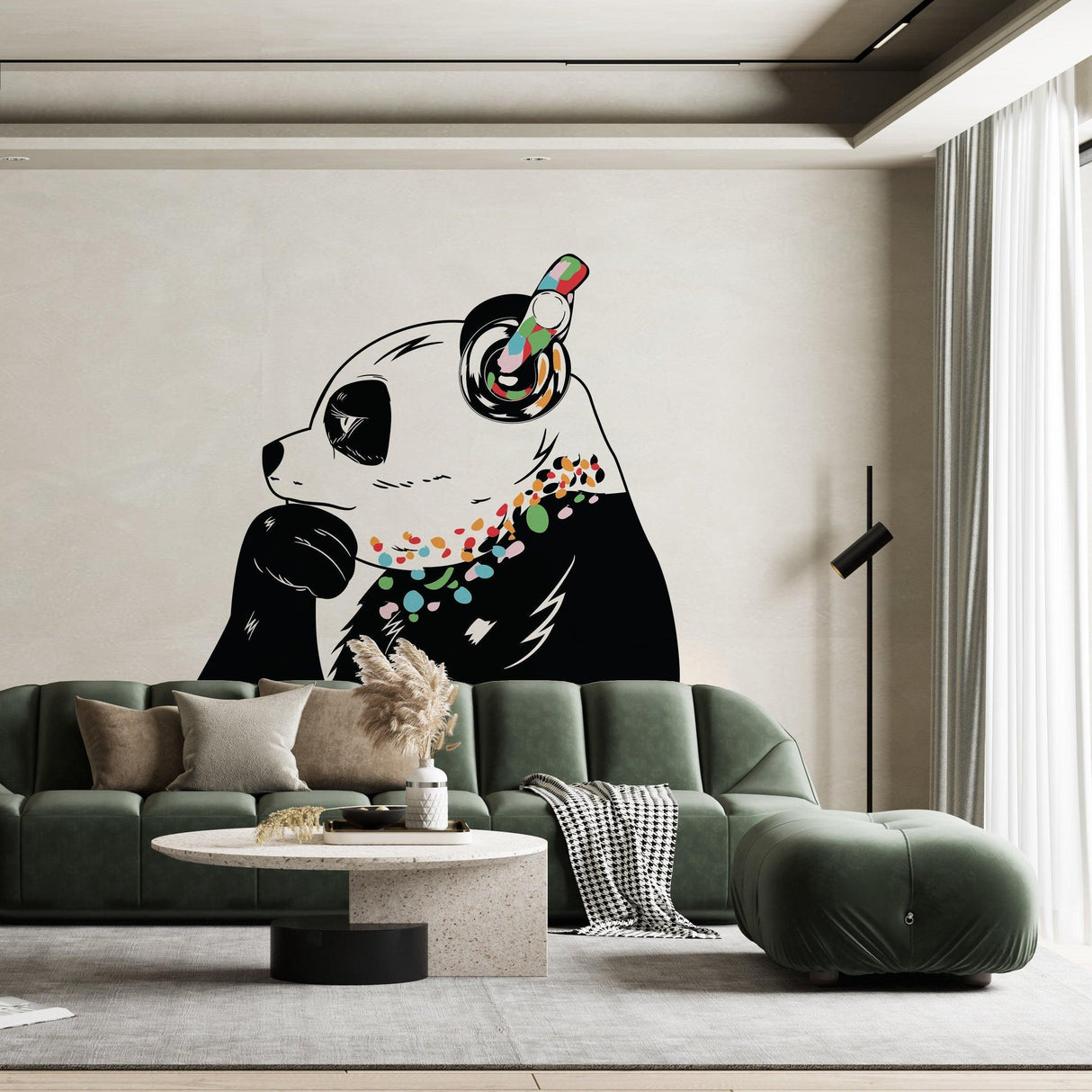 Panda Wall Art Sticker - Thinking Dj Panda Bear Head Headphones Vinyl Decal - Funny Cool Graffiti Music Thinker Pandas Black Large Mural - Decords