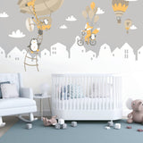 Penguins And Fox Wall Stickers For Kids - Balloons Decal For Baby Girl Kid Boy Nursery Room Decoration - Hot Air Ballon Clouds Wallpaper - Decords