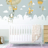 Penguins And Fox Wall Stickers For Kids - Balloons Decal For Baby Girl Kid Boy Nursery Room Decoration - Hot Air Ballon Clouds Wallpaper - Decords