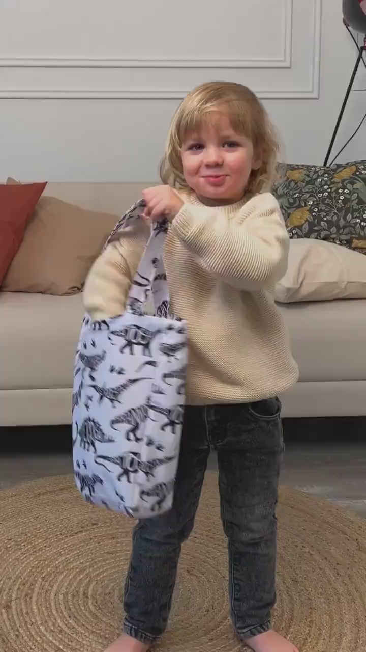 Kids Shopper Bag | Grey Dino and Cars Tote | Eco-Friendly Kids Bag | Cute Dinosaurs and Durable Small Tote Bags