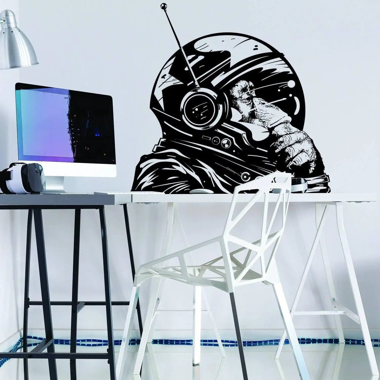 Thinking Astronaut Monkey Print Art Wall Sticker - The Thinker Chimp Space Astronauts Mural Decal - Astro Chimpanzee Spacemonkey With Helmet - Decords