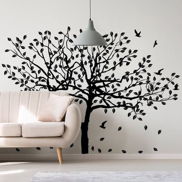 Tree Wall Decal Sticker - Birch Art Vinyl Nursery Stickers - Nature Botanical Trees Decals - Forest Decor Natural Big Leaf Peel And Stick - Decords