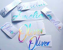 Load image into Gallery viewer, Custom Rainbow Holographic Vinyl Name Decals - Decords
