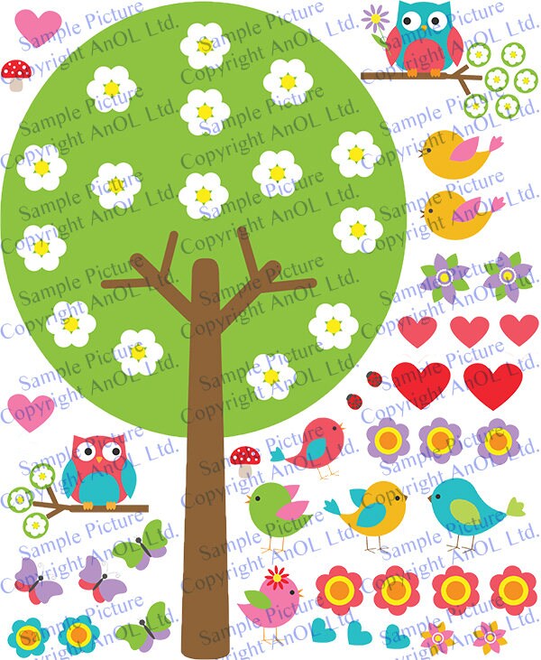 Nursery Tree Vinyl Wall Decal - Large Decor Bird Owl Boy Girl Kid Baby Art Set Sticker