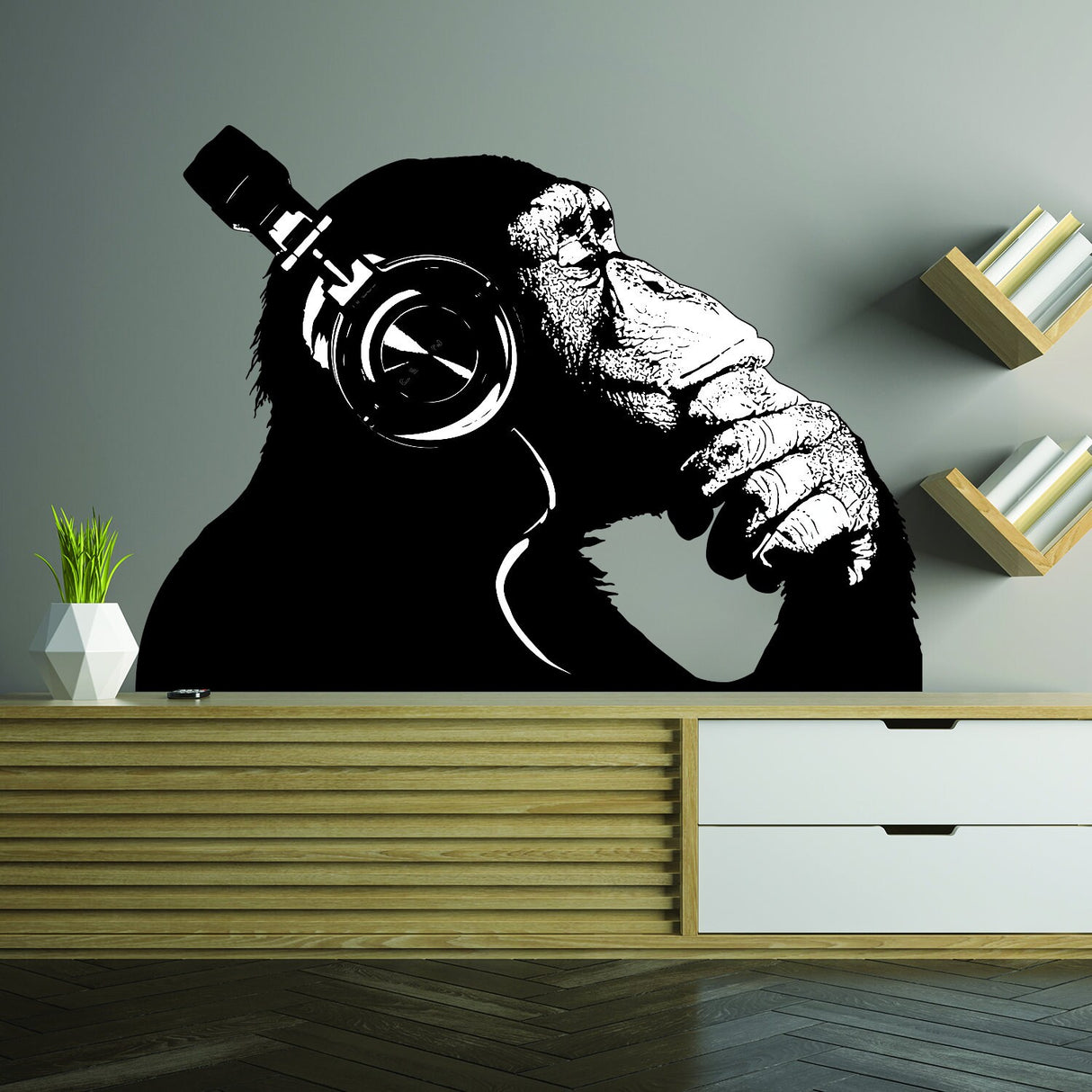 Banksy seinakleebis Thinking Monkey Art Kleebis – Dj Chimp The Thinker Gorilla koos kõrvaklappidega Kodukleebised