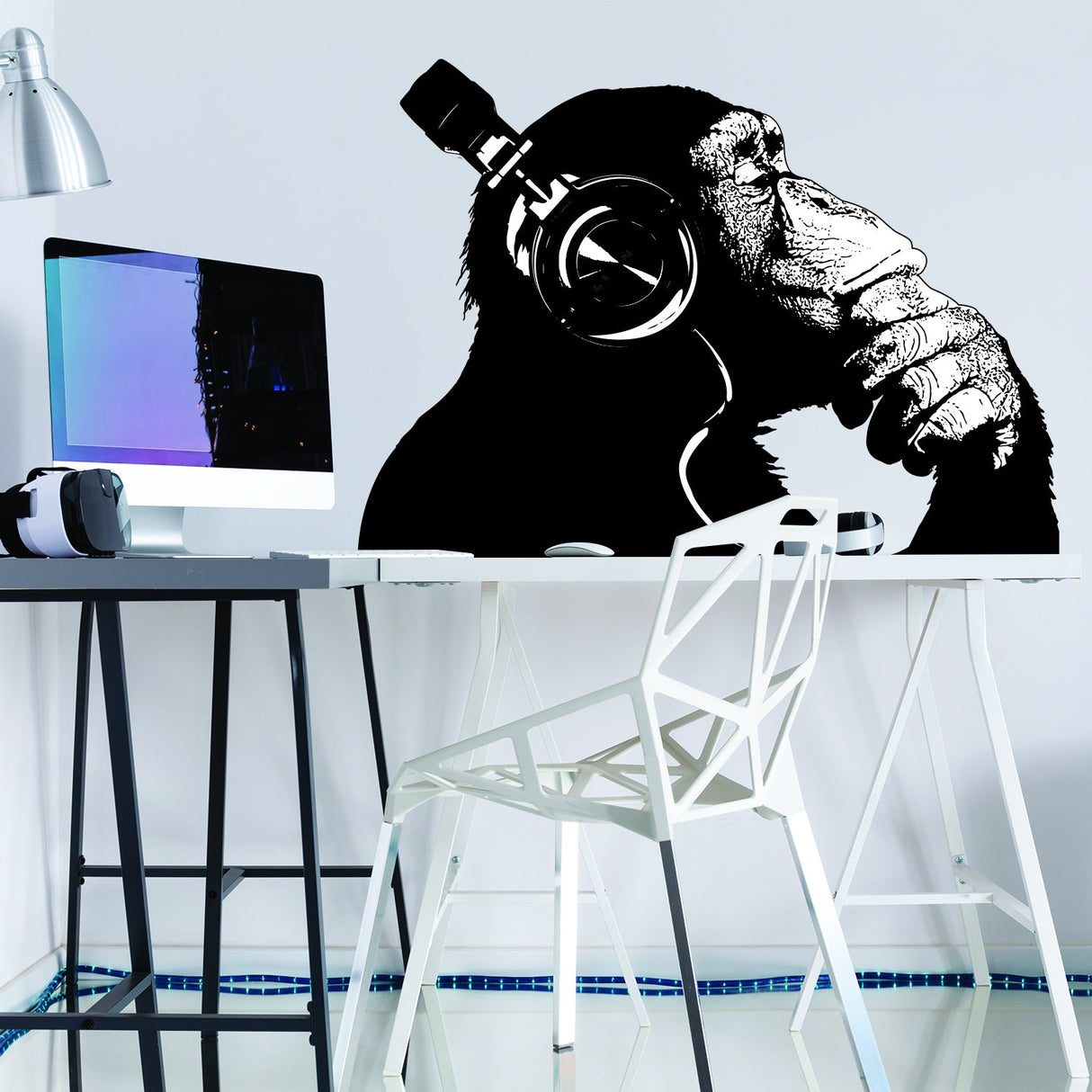 Banksy Wall Decal Thinking Monkey Art Sticker - Dj Chimp The Thinker Gorilla With Headphones Home Decals