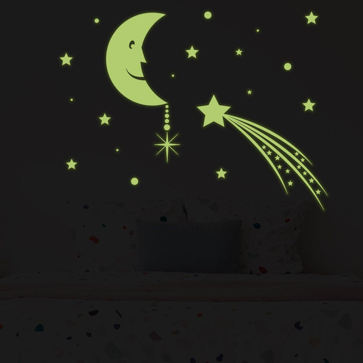 Glowing Moon with Stars Sky Sticker - Glow in the Dark Falling Star Decor Decals - Decords