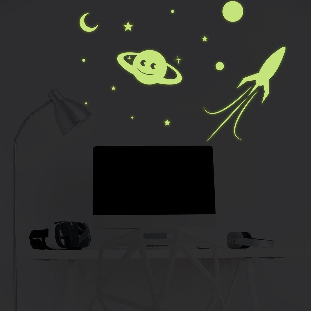 Glowing Planet  Rocket, Stars, Moon Ceiling Sticker - Glow in the Dark Wall Decal - Decords