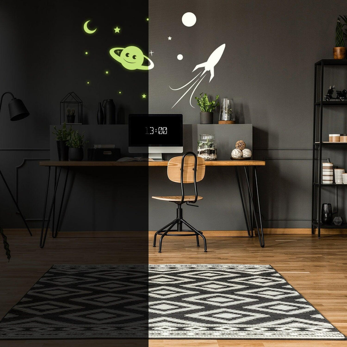 Glowing Planet  Rocket, Stars, Moon Ceiling Sticker - Glow in the Dark Wall Decal - Decords