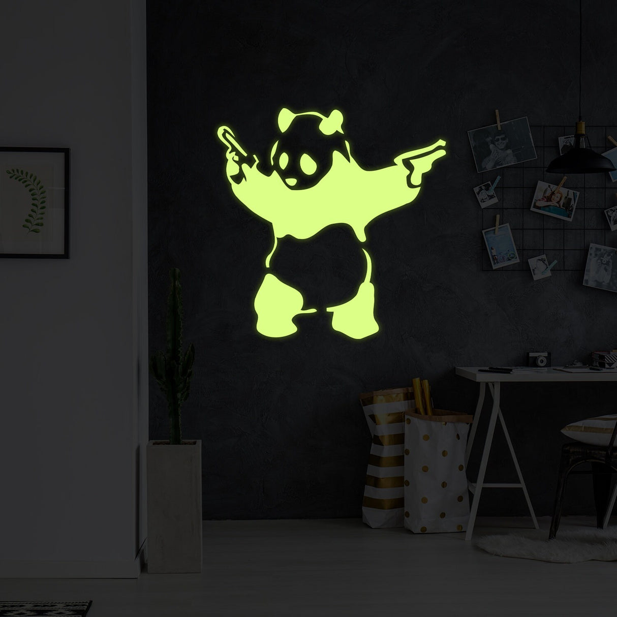 Glow In Dark Banksy Panda With Shooting Guns Wall Sticker - Night Glowing Graffiti Gun Bear Vinyl Decal