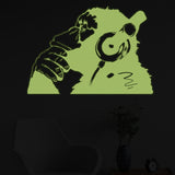Banksy Glowing Vinyl Wall Decal Monkey With Headphones - Glow in Dark Chimp Listening to Music Earphones