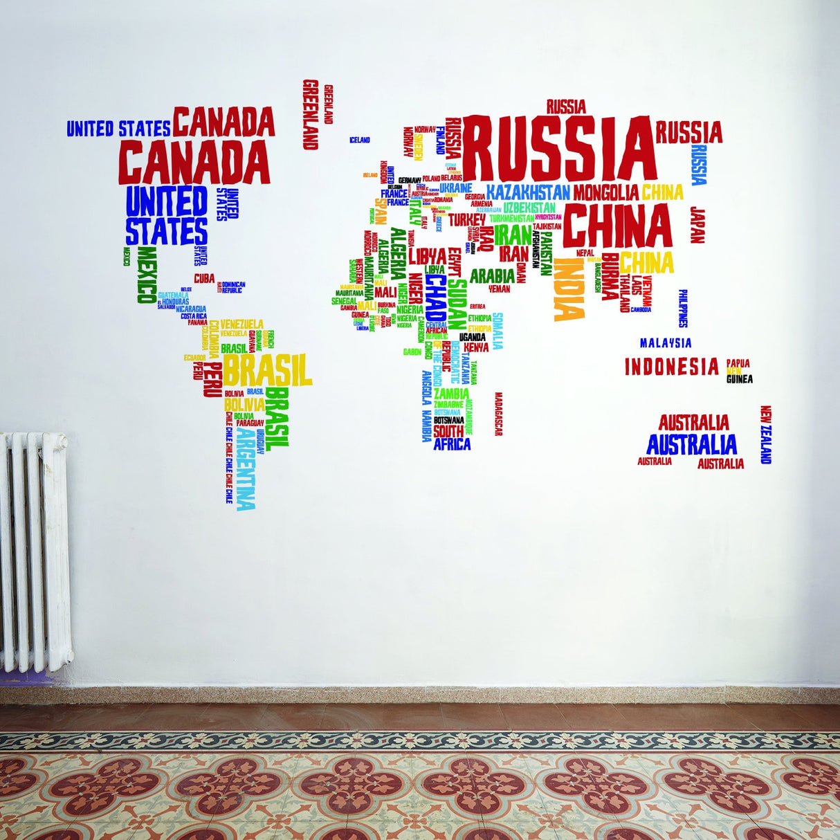 Maailmakaardi vinüülist seinakleebis – riigi nimi Word Kid, suur kunstdekoorkleebis