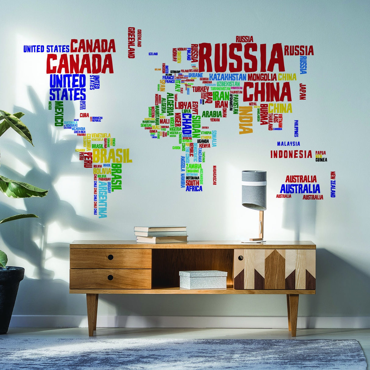 Maailmakaardi vinüülist seinakleebis – riigi nimi Word Kid, suur kunstdekoorkleebis