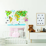 Kids World Map Wall Decal - Country Animal Room Decor Vinyl Sticker For Nursery - Decords