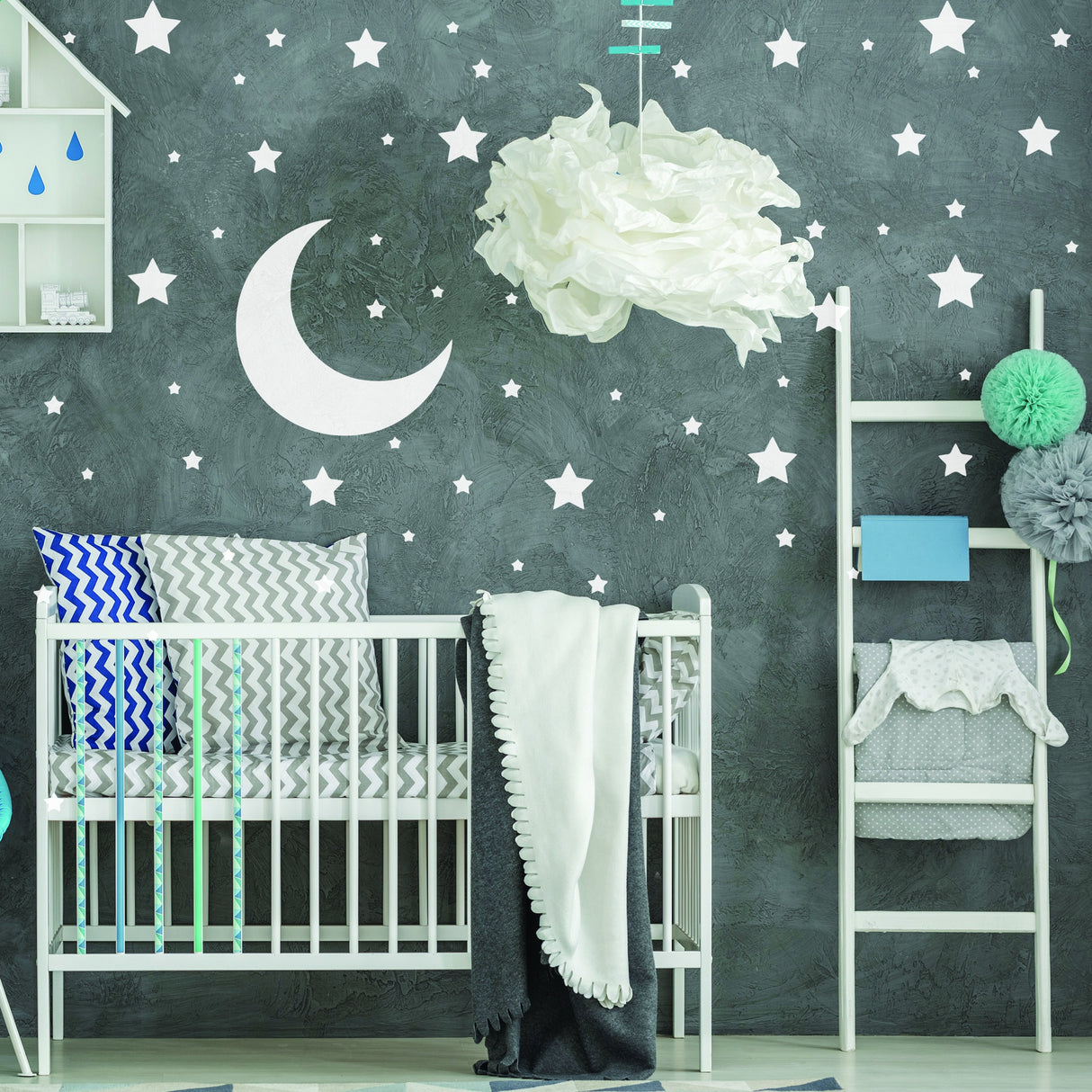 220x White Stars seinakleebised – Moon Decor vinüülkleebised poistele, tüdrukutele, beebide lasteaiale