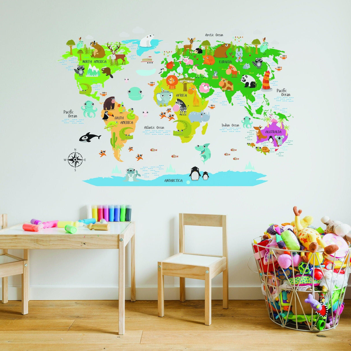 Kids World Map Wall Decal - Country Animal Room Decor Vinyl Sticker For Nursery - Decords