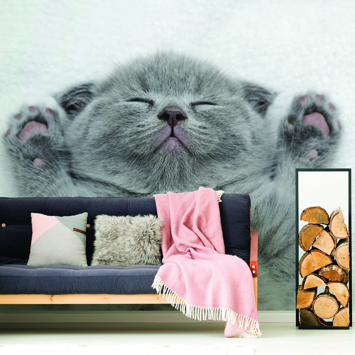 Cat Wallpaper Vinyl Decal Decor - Home Bedroom Peel And Stick Removable Gray Kitten Art Wall Sticker