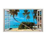 3d Window Beach View Wall Sticker - Removable Bedroom Ocean Scene Vinyl Room Decal
