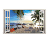 3d Window Beach View Wall Sticker - Removable Bedroom Ocean Scene Vinyl Room Decal