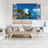 3d Window Beach View Wall Sticker - Removable Bedroom Ocean Scene Vinyl Room Decal