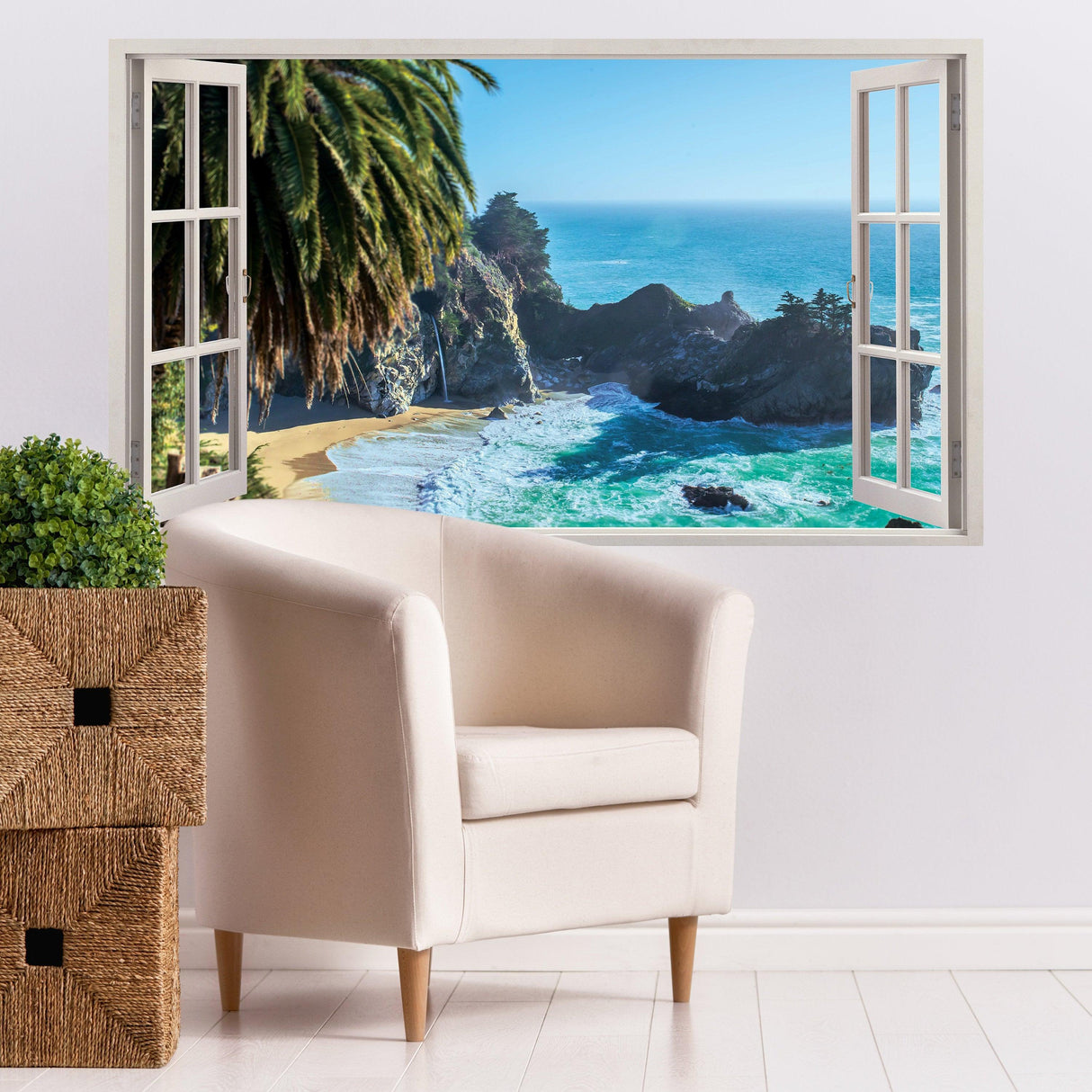 3d Window Beach View Wall Sticker - Removable Bedroom Ocean Scene Vinyl Room Decal