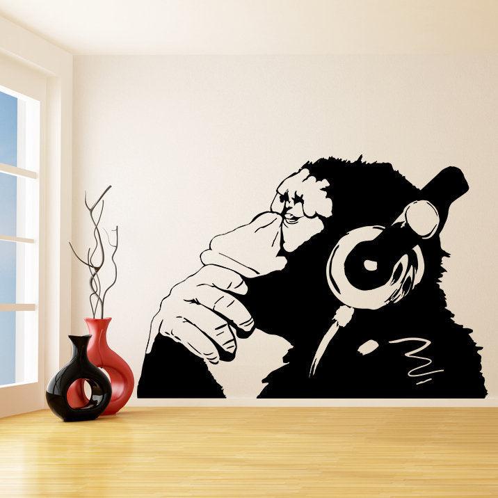 Banksy Monkey With Headphones Wall Sticker - Large Bansky Thinking Dj Chimp Vinyl Decal