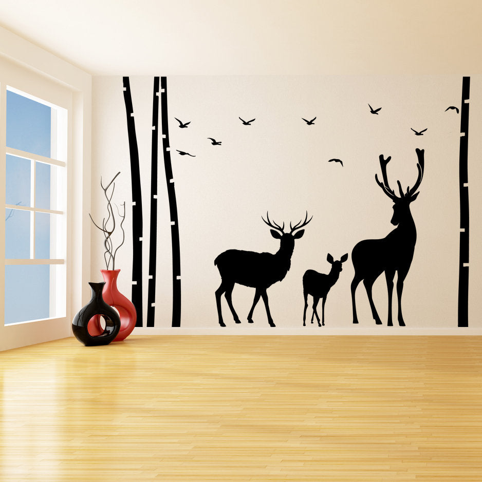 Deer Wildlife Wall Decal - Birch Tree Forest Moose Vinyl Sticker For Nursery Baby Kid Room Decor