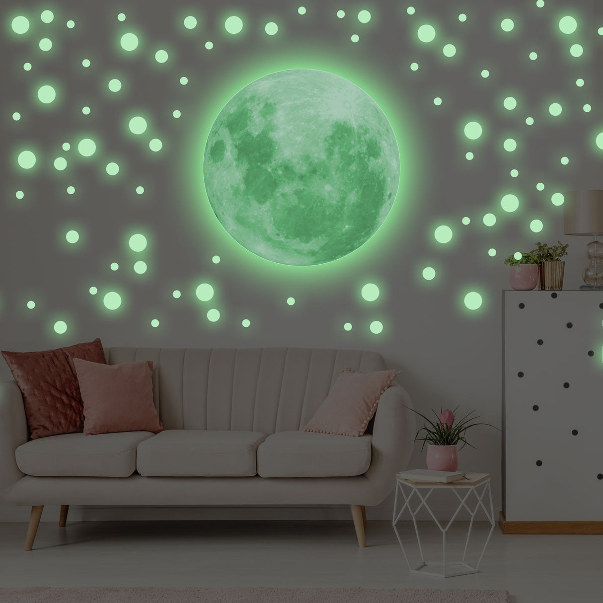 Glow In The Dark Full Moon And Star Wall Sticker - Bedroom Ceiling Decoration Large Glowing Decal