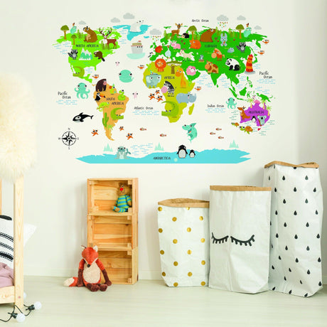 Kids World Map Wall Decal - Country Animal Room Decor Vinyl Sticker For Nursery - Decords